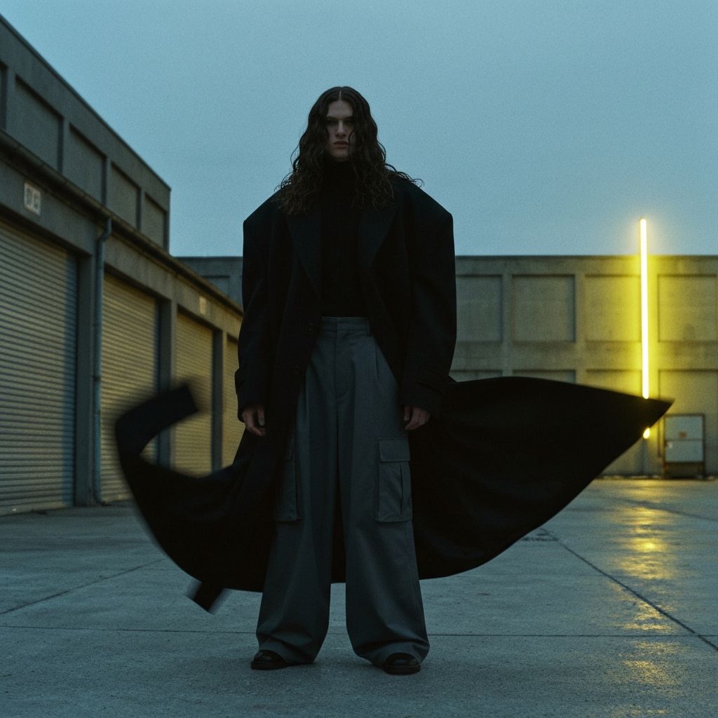 SIZECOR lookbook — oversized silhouette against urban landscape
